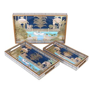 Plateau de service carré en bois avec motif géométrique, design bohème, vaisselle et assiettes durables, écologiques, peints à la main, pour les fêtes - Product Image 3