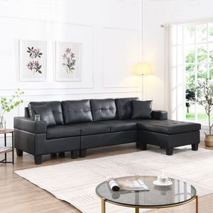 Divano Sezionale Moderno a 4 Posti per Soggiorno a L con Chaise Longue Sinistra e Destra e Portabicchieri NERO - Product Image 1