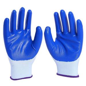 Gants de travail bleus enduits avec dos en tricot blanc et bordure violette pour usage industriel - Product Image 5