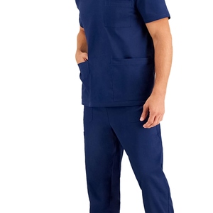 Conjunto de Uniforme Médico para Hombre, Cuello en V, Color Azul Marino, con Bolsillos, Pantalones de Manga Corta, Tejido de Algodón y Poliéster - Product Image 3
