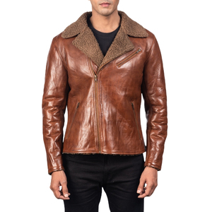 Veste en cuir véritable marron pour homme, doublée de polaire sherpa, style motard, col rabattu, fermeture éclair, coupe-vent, hiver - Product Image 2