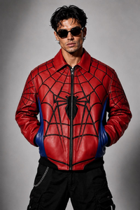 <b>Red</b> Spider Coated <b>Leather</b> <b>Jacket</b> <b>Men</b> Stand Collar Zip up Front Logo Casual Streetwear Outerwear for Spring Fall - Product Image 2