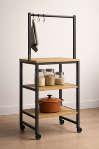 Chariot de rangement en bois moderne BeNK, nouveau design, avec structure en acier et crochets pour l'organisation de la cuisine - Product Image 2