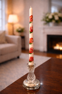 Bougie conique rose peinte à la main de qualité supérieure, magnifique illustration florale rouge-orange avec accents de feuilles vertes, sans fumée, décoration de Noël pour la maison - Product Image 2