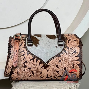 Genuine Cowhide <b>Leather</b> 15 Inch Zipper Closure Eco-Friendly Speedy Women's Floral Design Carved Western Crossbody Satchel Purse - Product Image 1