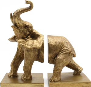 Serre-livres éléphant majestueux en deux parties, finition dorée texturée, capture une position de marche puissante. Disponible aux prix de gros. - Product Image 1