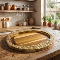 Nampan Bulat Kayu Jati Food Grade Dengan Inlay Tempurung Kelapa Putih Motif Anyaman Coklat Muda Empat Puluh Sentimeter Untuk Dekorasi Meja Rumah