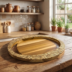 Food Grade Teak Wood Round Tray White Coconut <b>Shell</b> Inlay Weaving Motif <b>Light</b> Brown Forty Centimeters For Home Table Decor Items - Product Image 4