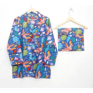 Ensemble de pyjama 3 pièces en coton 100% naturel imprimé floral fait main, chemise de pyjama et sac de rangement pour femmes, pour la nuit d'été - Product Image 2