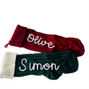 Chaussette de Noël décorative en fil épais brodée à la main avec nom personnalisé, sac cadeau tricoté, ornement de Noël BXY - Product Image 1