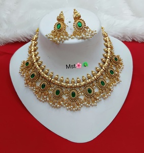 Gold Plated Brass Bridal Set <b>Choker</b> Necklace Drop Earrings Tikka Ethnic Zircon Trendy Wedding Engagement Anniversary Latest - Product Image 2