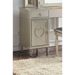 Set Toeletta da Camera da Letto Color Argento con Sgabello, Specchio Apribile, Spazio Contenitore, Cassetti e Maniglie ad Anello in Legno di Gomma - Product Image 3