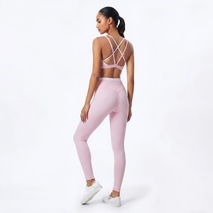 Pink Halter Neck Quarter-zip Print Sleeveless <b>Crop</b> <b>Top</b> High Waist Full-Length Leggings 2-Piece Yoga Set Seamless Breathable - Product Image 3