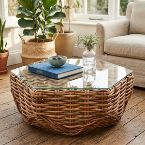 Mesa de Centro de Estilo Antiguo Tradicional Sakai, con Tapa de Ratán Tejido Natural, Muebles para Sala de Estar y Comedor - Product Image 2