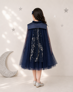 Robe de fête pour filles, bleu marine, avec paillettes, étoiles, tulle superposé, sans manches, avec cape |   Robe de princesse élégante bleu marine pour anniversaire - Product Image 6