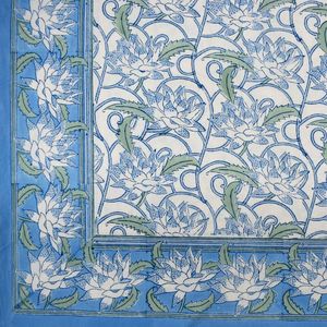 Mantel Rectangular Clásico con Estampado Floral, Algodón Estampado a Mano BlueWood, 150x220 cm, Elegante Color Azul Gud con Loto Japonés - Product Image 5