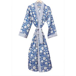 Bata Kimono de Algodón con Estampado Floral para Mujer, Cuello en V, Manga Larga, Cierre con Cinturón, Patrón Azul y Blanco, Secado Rápido, Transpirable - Product Image 4