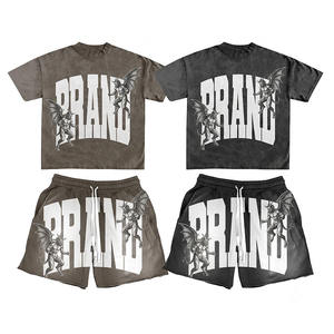 Vintage Acid Washed <b>Blank</b> Mens Summer Two Pieces Set Customized <b>Weight</b> logo Graphics Colors Drawstring Shorts and T-shirt Set - Product Image 5