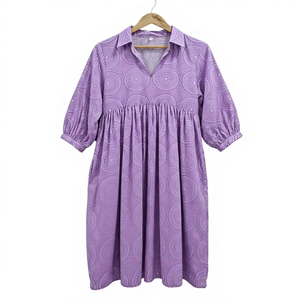 Robe midi pour femme, col en V, manches bouffantes, imprimé floral, coupe trapèze, 100% coton, respirante, écologique, idéale pour le bureau - Product Image 1