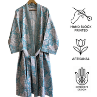 Peignoir de bain en coton gaufré compressé, imprimé à la main, écologique, antimicrobien, à motif floral, style kimono long, pour femme