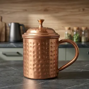 Mug en cuivre pur avec couvercle, design classique martelé cylindrique fait main, tasse réutilisable pour la maison, la cuisine, le bureau, ou comme cadeau - Product Image 6