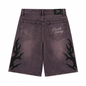 Mauve Y2K Flame Rhinestone Jorts Men Baggy Denim Streetwear Shorts with <b>Applique</b> Embellishment Low MOQ Wholesale - Product Image 3