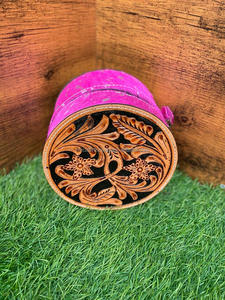 Joyero redondo de cuero con herramientas de calidad superior, joyero de vaquera Rosa occidental para mujer, joyero de viaje de cuero grabado - Product Image 3