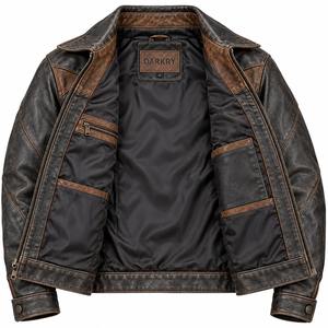 <b>Mens</b> Dark Charcoal <b>Leather</b> <b>Jacket</b> <b>Brown</b> Chevron Yoke Custom Western Ranch Outerwear Distressed Cowhide Biker Coat Manufacturer - Product Image 5