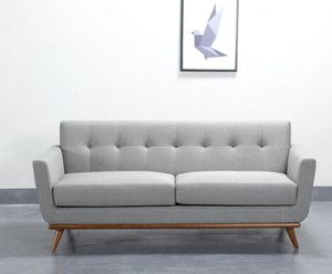 Scandinavian Minimalist 3 Seater Fabric <b>Sofa</b> with Tufted Back and Wooden <b>Legs</b> - Product Image 1