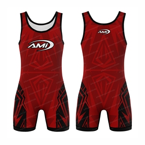 ชุดมวยปล้ำ AMI สีแดงดำ พิมพ์ลายแบบ Sublimation ระบายเหงื่อได้ดี แห้งเร็ว สำหรับผู้ชาย ชุดกีฬาสำหรับผู้ใหญ่ - Product Image 3