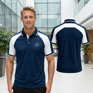 Men's <b>Navy</b> White Jersey Color Blocked Front Short Sleeve Quick Dry for Shirt Regular Fit Sporty Turn-down Collar Casual Summer - Product Image 3