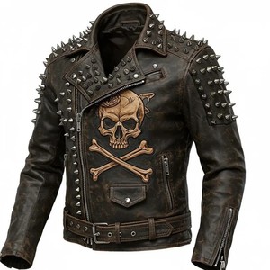 Chaqueta de Motociclista de Cuero Genuino para Hombre, con Diseño de Calavera y Serpiente en Relieve, Remaches en la Espalda, Estilo Vintage, Transpirable, Cierre de Cremallera, Cuello Vuelto, para Invierno - Product Image 1