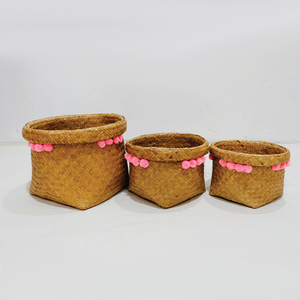 Paniers de rangement en feuilles de palmier naturelles, forme rectangulaire avec pompons roses, écologiques, rustiques, multi-usages, ensemble de bacs de rangement - Product Image 2