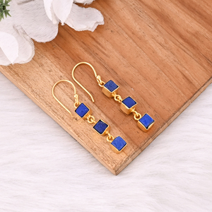 Natural Lapis Lazuli Triple Stone Brass Gold Plated <b>Hook</b> Shape <b>Earrings</b> for Women - Product Image 3