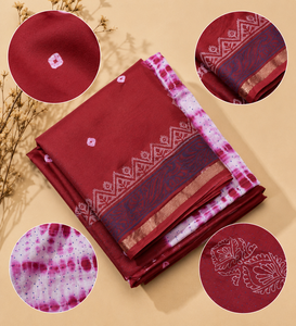 Sari en coton bordeaux traditionnel indien avec imprimé Bandhani, vêtements ethniques pour femmes, sari tie-dye Shibori avec pièce de tissu pour la blouse - Product Image 2