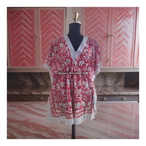 100% Cotton Women Sleepwear Hand Block Printed Kaftan Dress KFCS175 <b>Light</b> Weight Women Casual Occasion Wear Short Caftan Dresses - Product Image 5