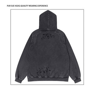 Men Hoodie with Raw <b>Edges</b> and Embroidered Details Pigment Dyed Men Distressed Embroidered Hoodie - Product Image 2