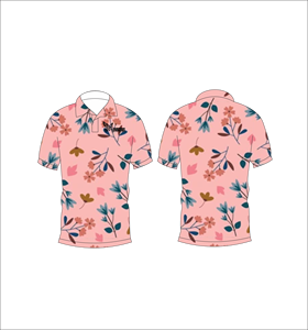 Polo Floral Multicolor Rosa con Patrón de Flores y Hojas Azules y Marrones, Manga Corta, Verano, Casual, Vista Frontal y Trasera - Product Image 3