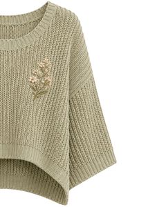 Pull court en tricot vert olive pour femme, coupe ample, manches courtes, léger et respirant, idéal pour l'été, style décontracté et tendance - Product Image 3