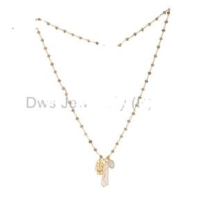 ไข่มุกธรรมชาติและสายรุ้งมูนสโตนอัญมณีจี้ทองเหลืองพร้อมผู้ผลิตเครื่องประดับโซ่ชุบทอง - Product Image 3