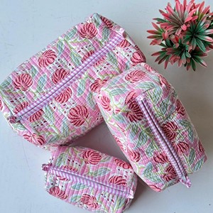 Set Of 3 Floral Cotton Cosmetic <b>Bags</b> With Pockets Foldable Washable Makeup Travel <b>Bag</b> For Her Birthday Gift - Product Image 5