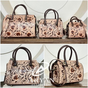 Bolsa de Viaje de Cuero Vacuno Genuino para Mujer, Diseño 2026, con Patrón Floral Hecho a Mano, para Viajes y Uso Diario - Product Image 1