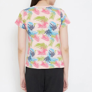 เสื้อยืดคอกลมแขนสั้นผู้หญิงพิมพ์ลายใบไม้เขตร้อนทรงปกติผ้าถักลำลองโพลีเอสเตอร์ 100% สำหรับฤดูใบไม้ผลิและฤดูร้อน - Product Image 2