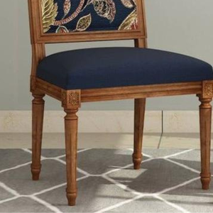 Luxury Handcrafted Solid Wood Dining Chair Square Leaf Print Backrest Navy Blue Upholstered <b>Seat</b> - Product Image 4