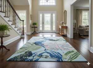 Large Abstract Botanical Area Rug | Modern Nature Inspired <b>Carpet</b> | Blue Green Pink Accent Floor Decor for Living Room, Dining - Product Image 6