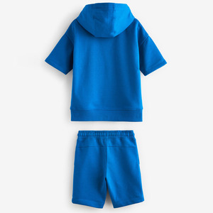 Conjunto de Sudadera con Capucha y Pantalones Cortos Azules para Bebés, Color Sólido, Informal, Verano, 2 Piezas, Sudadera de Manga Corta, Pantalones Deportivos - Product Image 2