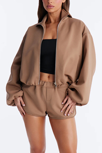 Women's Hoodie Shorts Tracksuit Set <b>Brown</b> Color 100% Cotton Fleece Softshell Acid Wash Winter Streetwear Breathable Eco-Friendly - Product Image 6