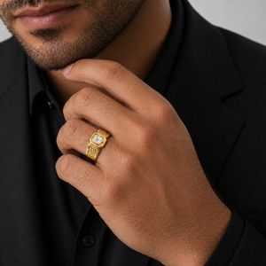 18K yellow Gold <b>Mens</b> Diamond Solitaire <b>Ring</b> Cushion Cut Center Geometric Pattern Luxury Fine Jewelry Wedding Party Daily Wear Gi - Product Image 5