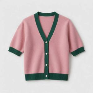 เสื้อคาร์ดิแกนถักแขนสั้นคอวีสีชมพูแต่งขอบสีเขียวสำหรับผู้หญิง สไตล์พรีปปี้ ติดกระดุมแถวเดียว - Product Image 3