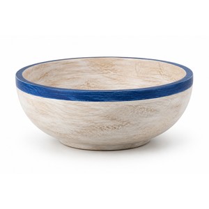 Handcrafted Abstract Rustic for Wood Whitewashed Fruit <b>Bowl</b> with Blue Rim Wholesale - Product Image 1